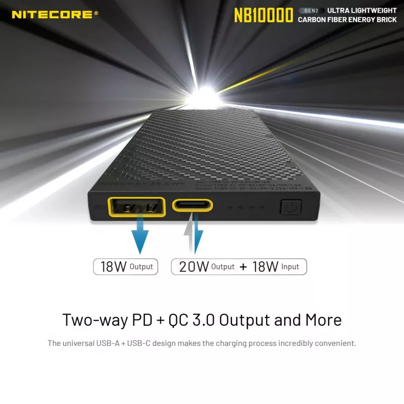 Pārnēsājams ārējais akumulators Nitecore NB10000 — 10000 mAh, USB‑A + USB‑C, 38 W kopējā izeja, pelēks
