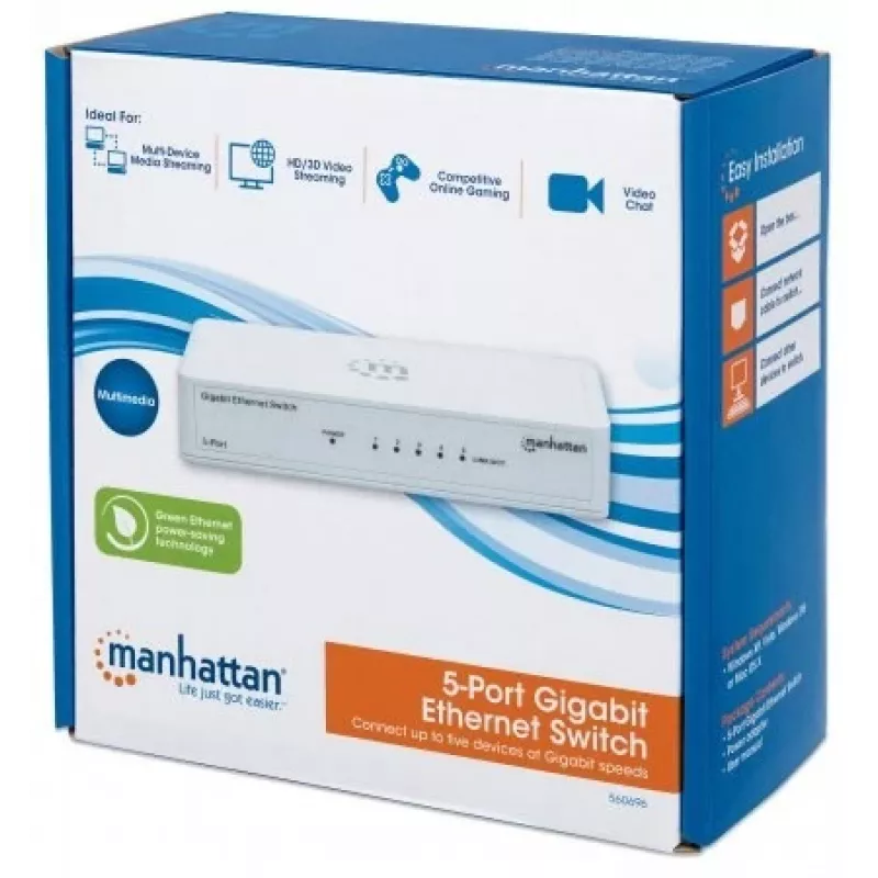 Manhattan 5 portu gigabitu Ethernet slēdzis, darbvirsmas izmērs, plastmasa, IEEE 802.3az (energoefektīvs Ethernet), trīs gadu garantija, kaste