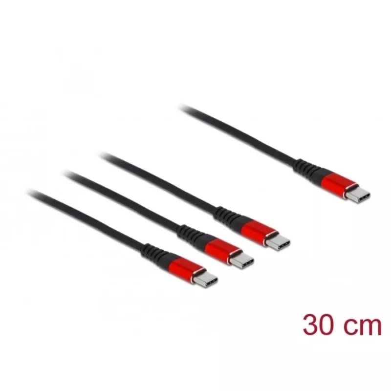 USB uzlādes kabelis DeLOCK 3-in-1 USB Type-C uz 3 x USB Type-C 30 cm melns/sarkans