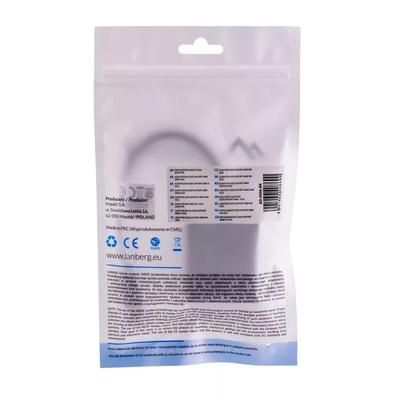 VGA (D-Sub) uz Mini DisplayPort adaptera kabelis LANBERG AD-0006-BK, 0,2 m, DisplayPort 1.2, 1920×1200@60Hz, sieviešu MiniDP, melns