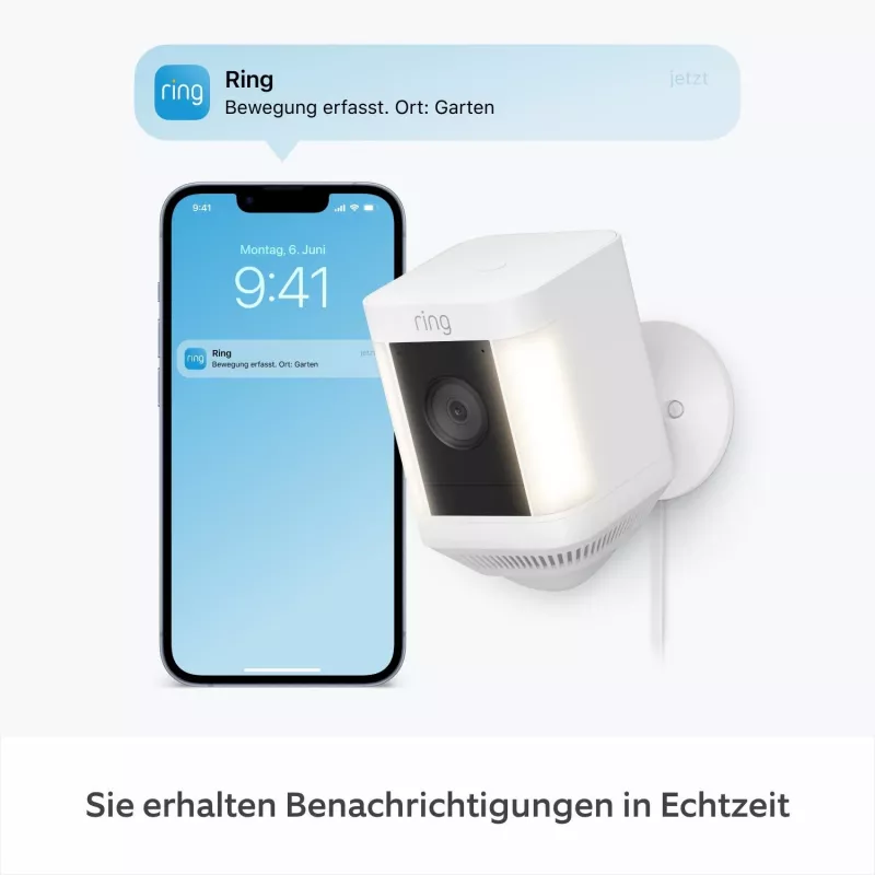Ring Spotlight Cam Plus tīkla novērošanas kamera ārpus telpām ar pieslēgumu elektrībai