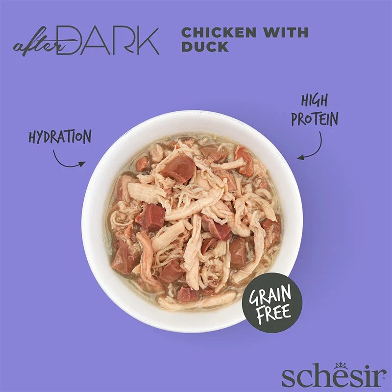 Slapjā kaķu barība Agras Pet Foods Schesir after Dark Complete Brühe 80 g — vista, bezgraudu, bez lipekļa un sojas