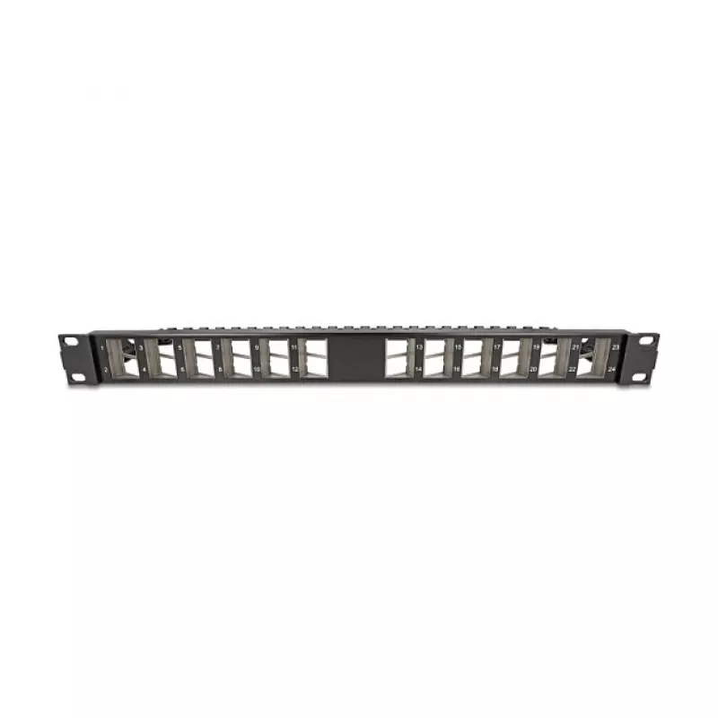 DELOCK 19 collu Keystone ielāpu panelis 24-portu leņķveida ar stiepes samazināšanu, 1U, melns, 482.6×125.5×44.2 mm