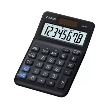 Galda pamata kalkulators CASIO MS-8F – 8 ciparu, baterija/saules, 26 taustiņi, valūtas un nodokļu funkcijas, peļņas aprēķins, melns