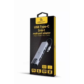 Klēpjdatora dokstacija Gembird A-CM-COMBO5-04 — USB 3.2 Gen 1 Type-C, 5 Gbit/s, PD 87 W, HDMI, Ethernet, USB-A