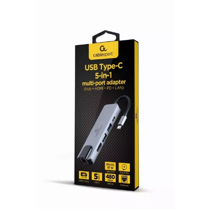 Klēpjdatora dokstacija Gembird A-CM-COMBO5-04 — USB 3.2 Gen 1 Type-C, 5 Gbit/s, PD 87 W, HDMI, Ethernet, USB-A