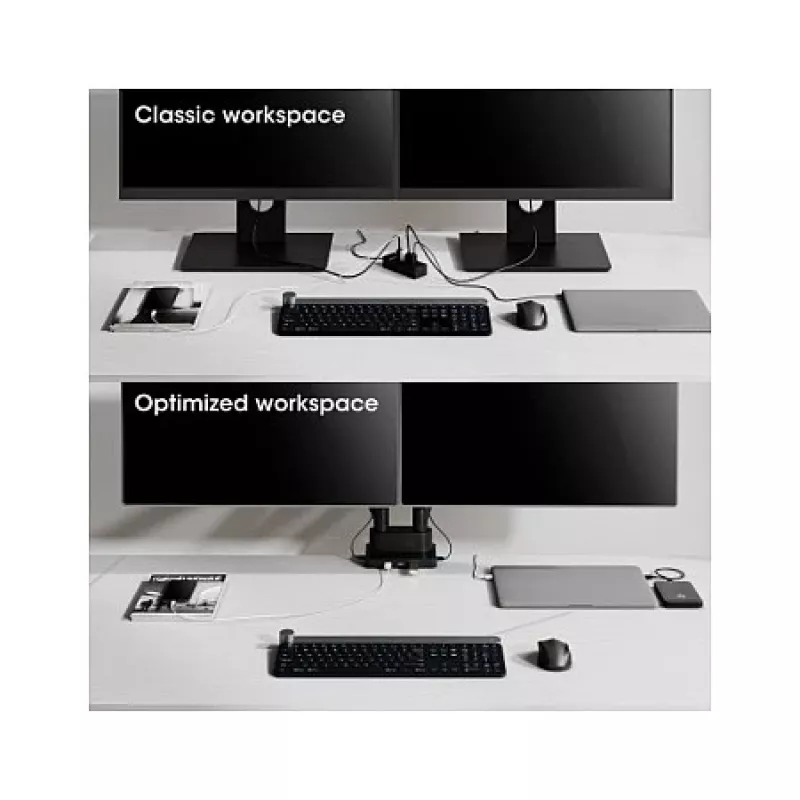 Manhattan Dual Desk Mount for TV & Monitors (Full Motion Gas Spring) ar iebūvētu dokstaciju, Ekrāniem līdz 27 collām, Porti (x7): Ethernet, HDMI (x2), USB-A (x3) un USB-C, Strāvas padeve (100 W) uz USB-C portu (Nepieciešams atsevišķs USB-C sienas lādētājs/kabelis), VESA: 75x75 un 100x100 mm