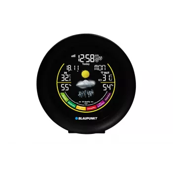 BLAUPUNKT WS35BK APP laika stacija — LCD displejs, temperatūra un mitrums, modinātājs, kalendārs, lietotnes savienojamība, 94×94×27 mm