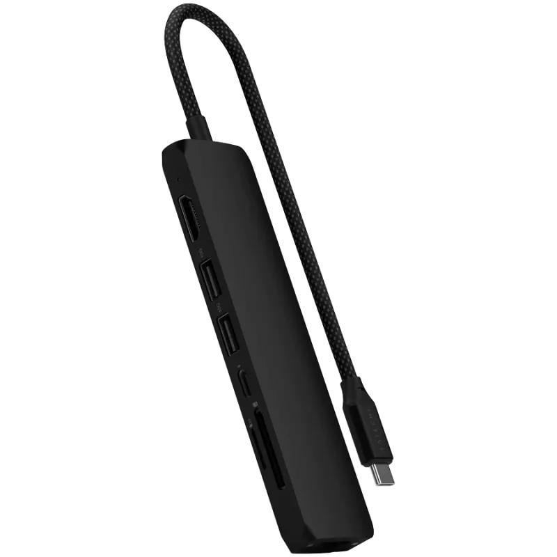 Satechi 7-in-1 USB-C Slim Multiport Adapter Ethernet (USB-C PD, 2x USB-A, HDMI 4K, Ethernet, micro/SD karšu lasītājs) (Melns)
