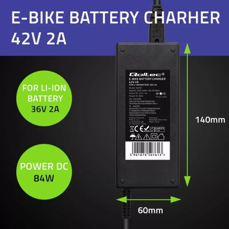 Qoltec 50761 Lādētājs e-velosipēdu akumulatoriem 36V | 42V | 2A | 5.5*2.5