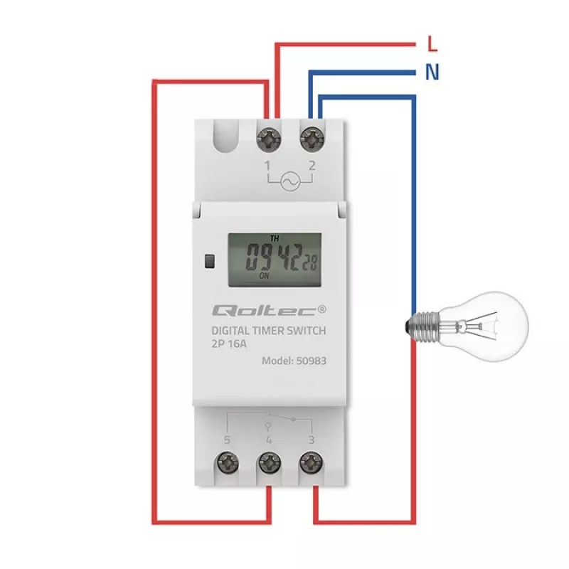 DIN-sliedes elektroniskais taimera slēdzis QOLTEC 50983, darbināms ar baterijām, automatizācijas shēmām