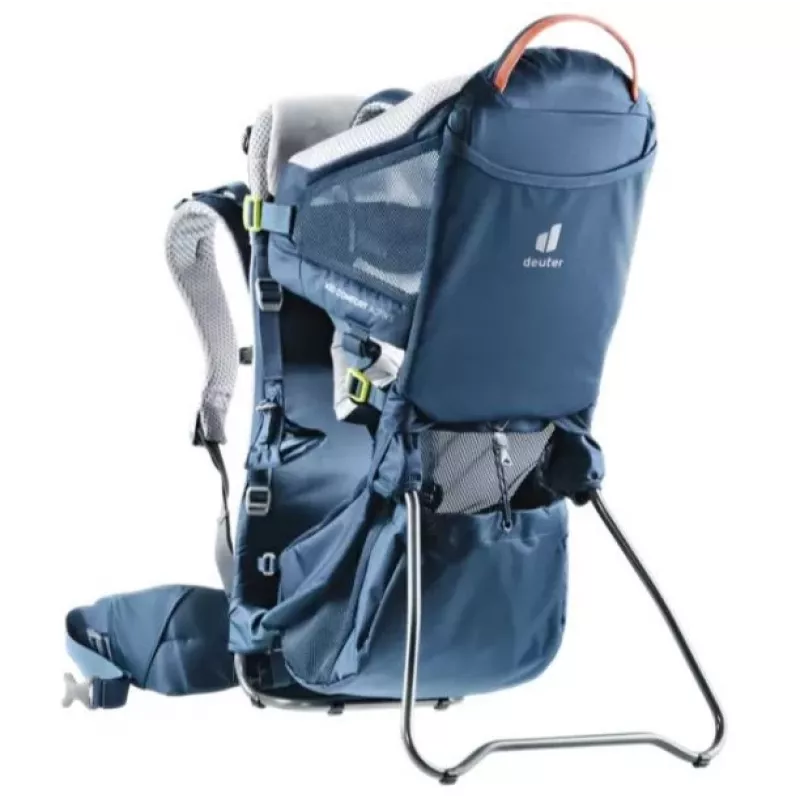 Bērnu pārnēsājamā mugursoma DEUTER Kid Comfort Active — zila, poliamīds, līdz 22 kg, saulessargs, kāju balsts, VariQuick, Lite Air