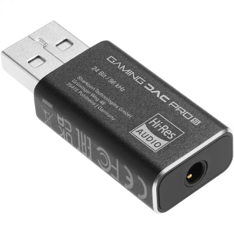Iekšējais USB Type-A uz 3,5 mm DAC adapteris Sharkoon DAC Pro S — 2 V izeja, melns, kompakts (42×17,3×9,7 mm)