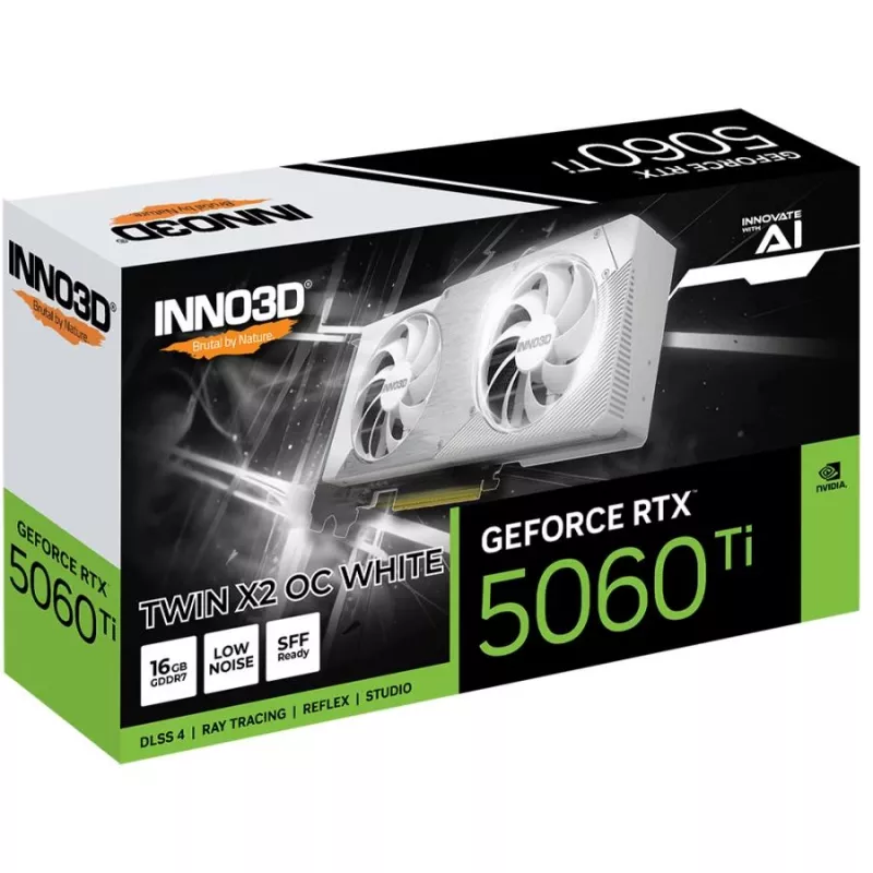 Grafikas karte Inno3D GeForce RTX 5060 Ti — 16 GB GDDR7, PCIe 5.0, 448 GB/s, 250 mm, 2 sloti, balta
