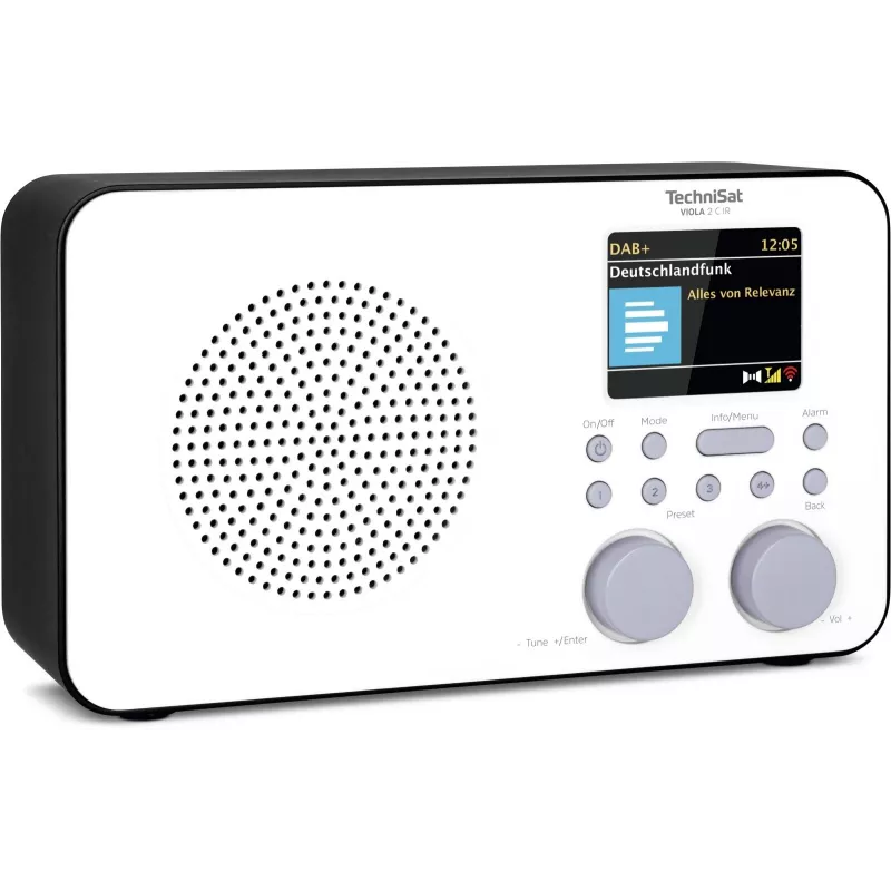 Interneta radio TECHNISAT VIOLA 2 C IR — Analogā & digitālā uztvērēja, DAB+/FM, Wi‑Fi, 3 W, 2,4 collu TFT, 3,5 mm, melns/baltss