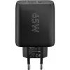 USB-C divkāršais ātrais lādētājs, PD, GaN, 65 vati (melns, 1x USB-C, 1x USB-A, Power Delivery)