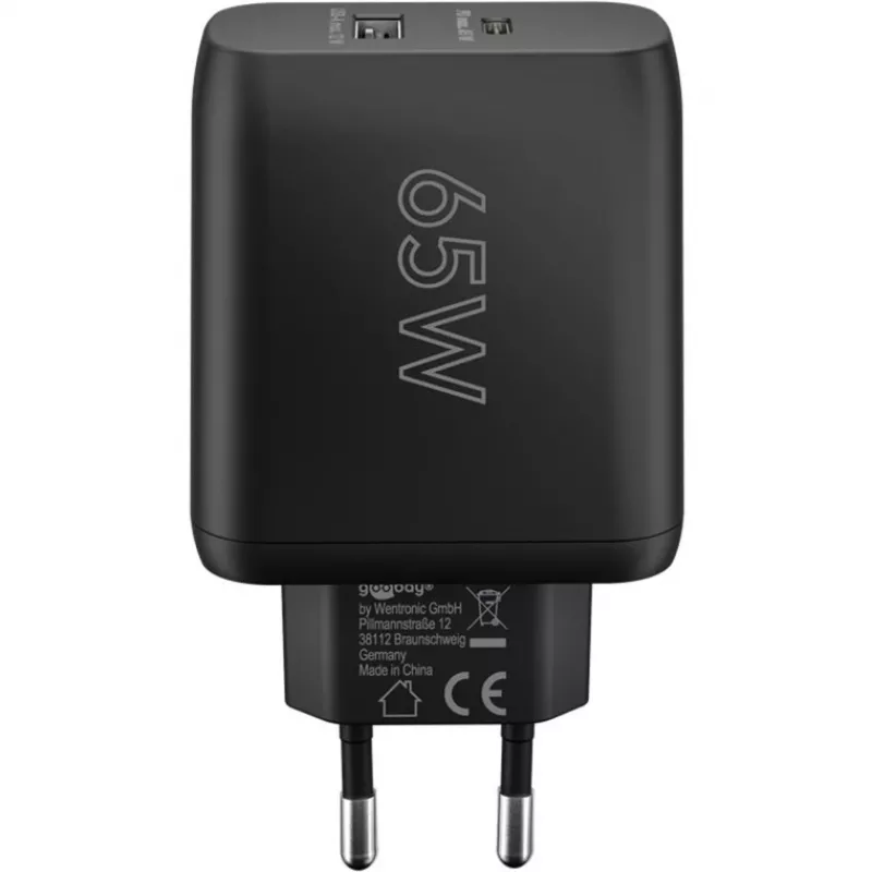 USB-C divkāršais ātrais lādētājs, PD, GaN, 65 vati (melns, 1x USB-C, 1x USB-A, Power Delivery)