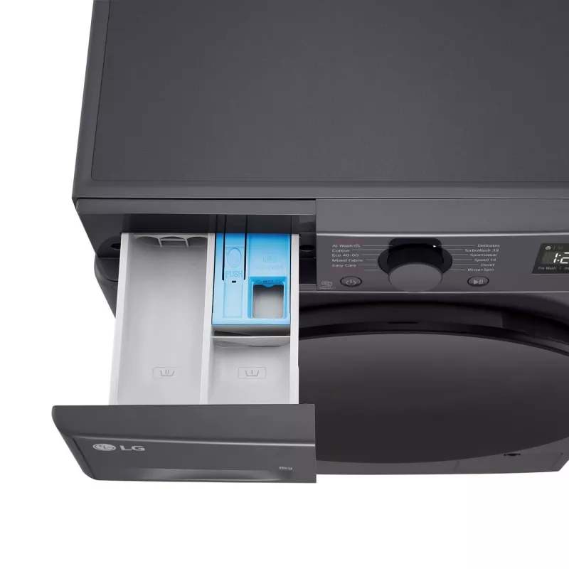 Veļas mazgājamā mašīna LG F2WR508S2M — ar priekšējo ielādi, 8 kg, 1200 apgr./min, A efektivitātes klase, 60×48 cm, LED, vidēji melna