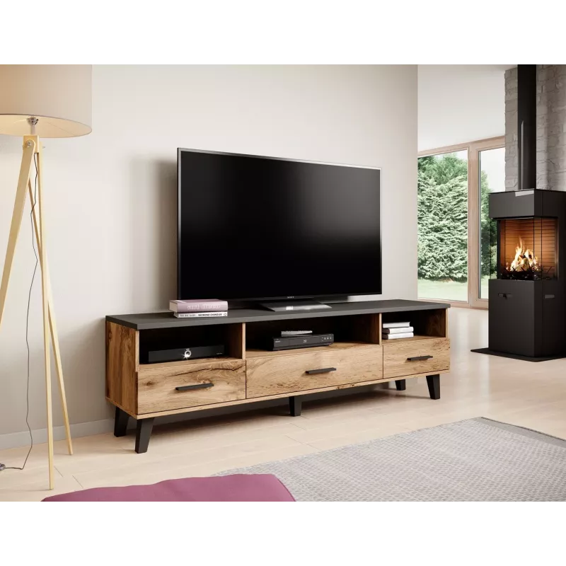 TV statīvs Cama Meble LOTTA 180 cm — Wotan ozola rāmis, matēti melna virsmas plāksne, 1800×400×530 mm