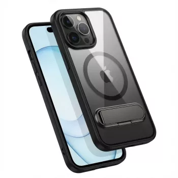 Aizsargājošs GUAN futrālis iPhone 16 Pro Max — rūdīta stikla aizmugure, integrēts balsts, caurspīdīgi melns