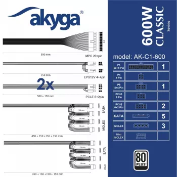 Barošanas bloks Akyga AK-C1-600 ATX 600W PRO SERIES