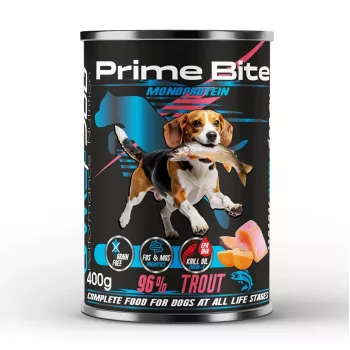 PRIME BITE Monoproteīns Forele ar saldo kartupeli - mitrā suņu barība - 400g