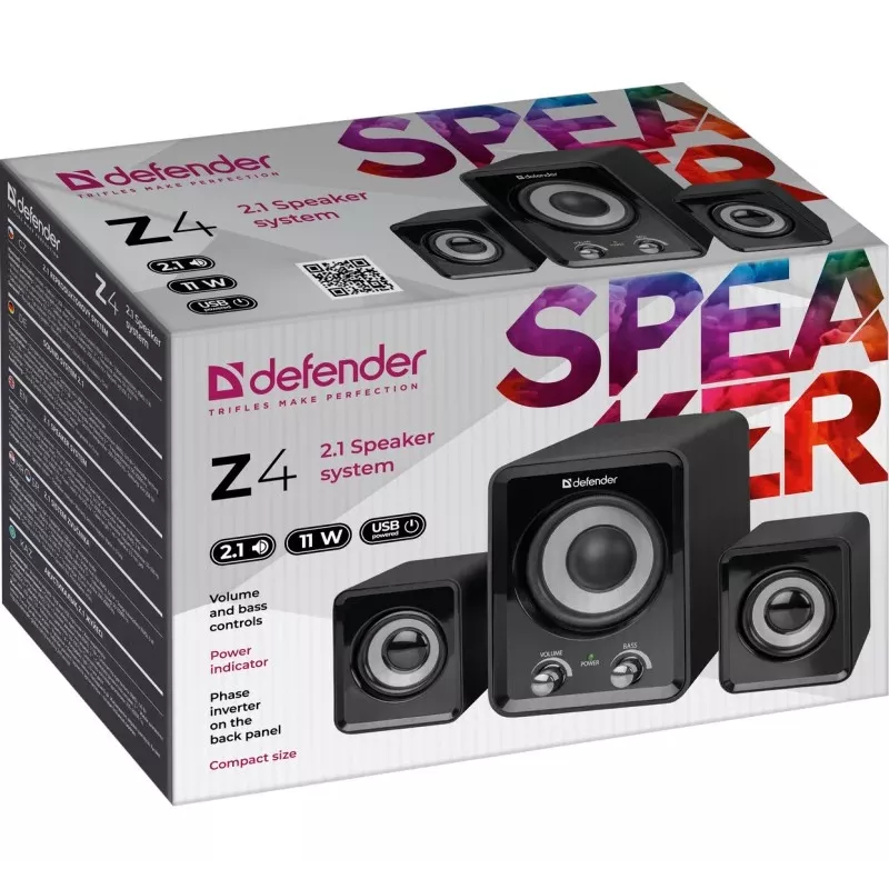 DEFENDER Z4 vadu 2.1 skaļruņi, 11 W RMS, melni, USB 5V barošana, 3,5 mm austiņu izeja