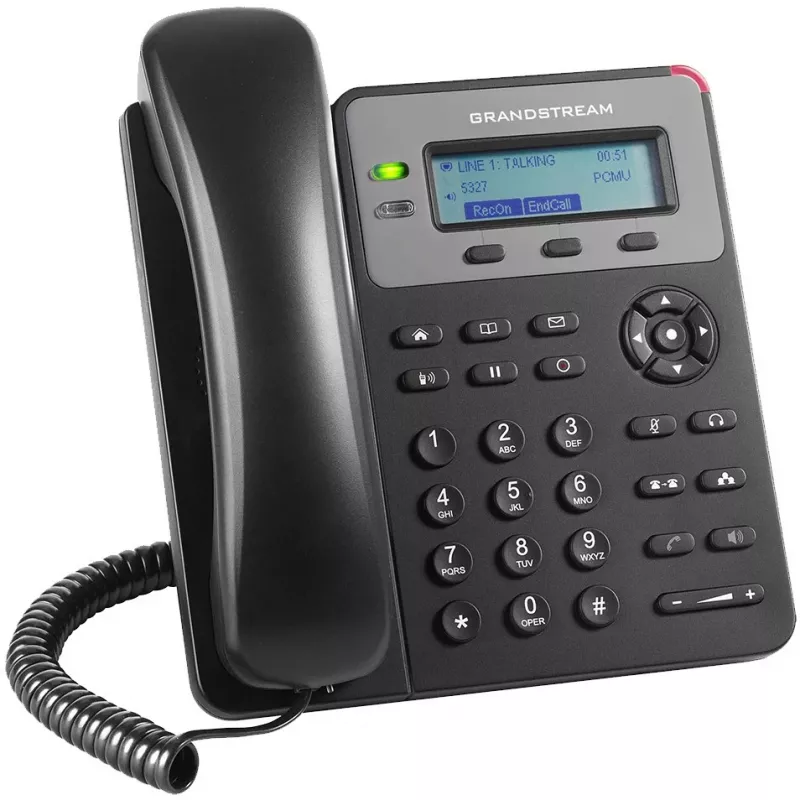 DECT telefons Grandstream GXP1610 — melns, LCD 132×48 px, austiņas (RJ-9), 1 klausule, tālruņu grāmata 500, skaļrunis