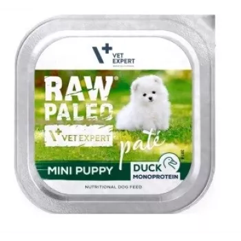 Mitrā suņu barība VETEXPERT RAW PALEO Pâté Mini Puppy Duck 150 g — pastēte mazo šķirņu kucēniem, pīles recepte, pilnvērtīga barība