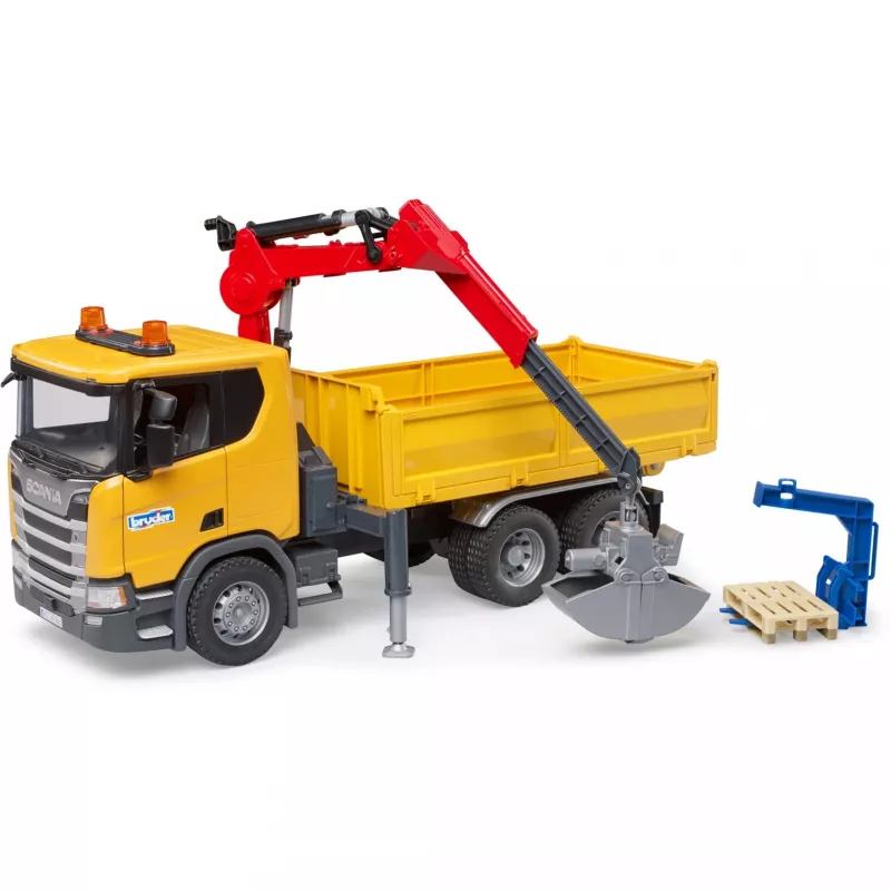 Rotaļu celtniecības kravas automašīna BRUDER Scania Super 560R ar celtni un 2 paliktņiem