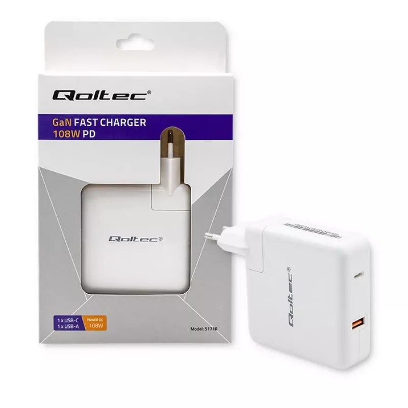 Qoltec GaN lādētājs FAST 108W | 5-20V | 3-4.7A | USB C | Balts
