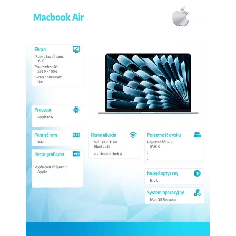 Apple MacBook Air Apple M M4 klēpjdators 38,9 cm (15,3 inch) 16 GB 512 GB SSD Wi-Fi 6E (802.11ax) macOS Sequoia zils