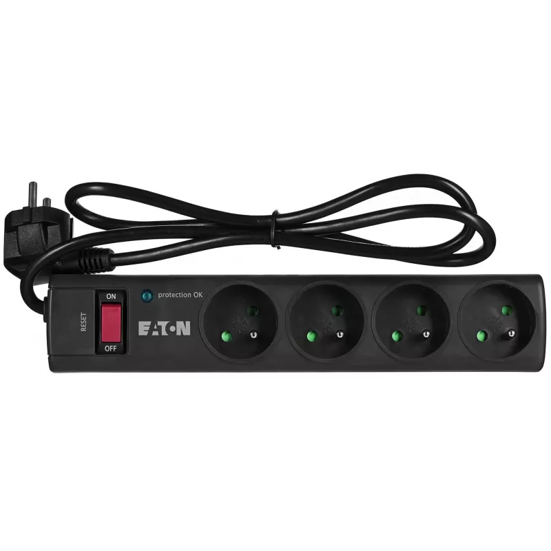 Pārsprieguma aizsardzības sadalītājs EATON Power Strip 4 FR — 4 Type E kontaktligzdas, 1 m kabelis, 10 A, 2500 W, LED indikatori