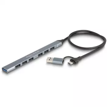 DELOCK 4 Port plāns USB Hub — USB 3.2 Gen 1 Host Type-C, 3× USB 5 Gbps Type-C + 1× USB 5 Gbps Type-A, pelēks, metāls