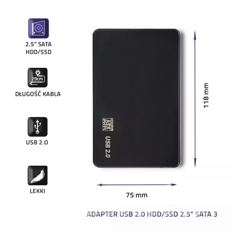 Cietā diska adapteris QOLTEC 51862 USB 2.0 2,5 collu SATA3 HDD/SSD