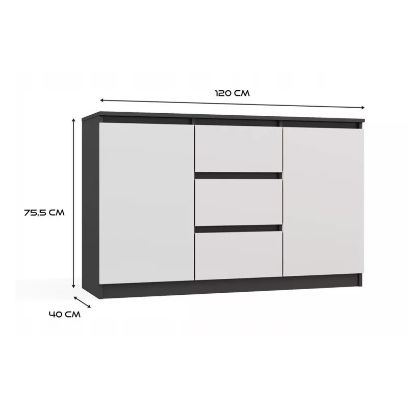 Kumode 2 durvis 3 atvilktnes top e shop M-MP-K-MAL-2D3S-ANTBIA — Antracīta rāmis, Baltas durvis, 1200×750×400 mm