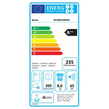 Bosch žāvētājs ar siltumsūkni | WTH85V0MSN | Energoefektivitātes klase E | Priekšējā ielāde | 8 kg | LED | Dziļums 61 cm | Balts