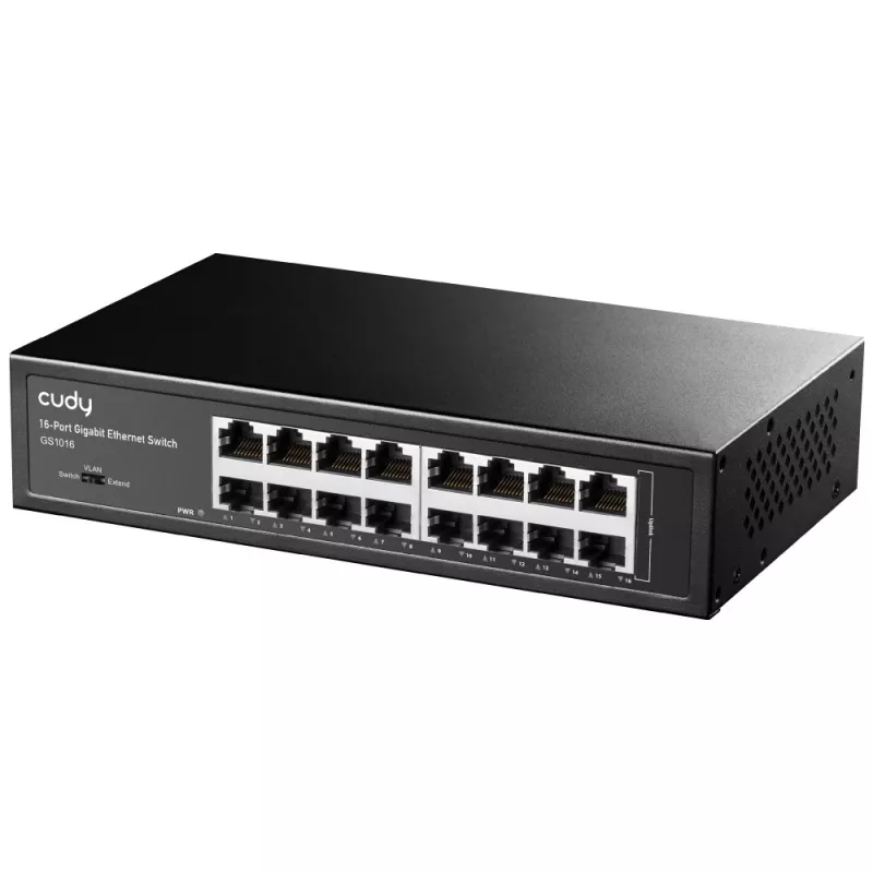 Tīkla slēdzis Cudy GS1016 — 16 portu Gigabit Ethernet (10/100/1000), 32 Gbit/s pārslēgšana, montējams statīvā, barošana no maiņstrāvas