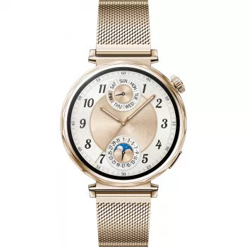 Viedpulkstenis HUAWEI WATCH GT5 41 mm — 1,32 collu AMOLED, 466×466, 323 mAh, nerūsējošā tērauda korpuss, zelta siksniņa