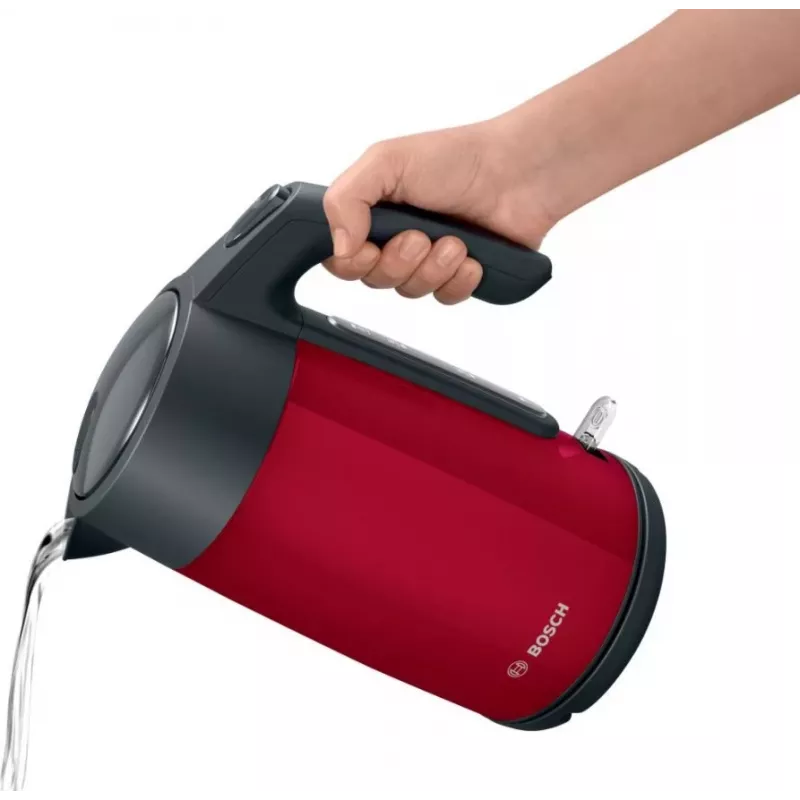 Elektriskā tējkanna Bosch TWK7L464 — 1,7 L tilpums, 2400 W, sarkana, plastmasas korpuss