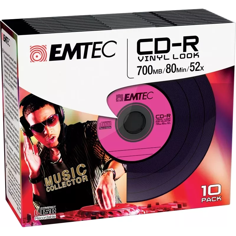 EMTEC Vinyl Look - 10 x CD-R - 700 MB (80 min) 52x - zila, dzeltena, ceriņu, zaļa, rozā - plāns Jewel Case