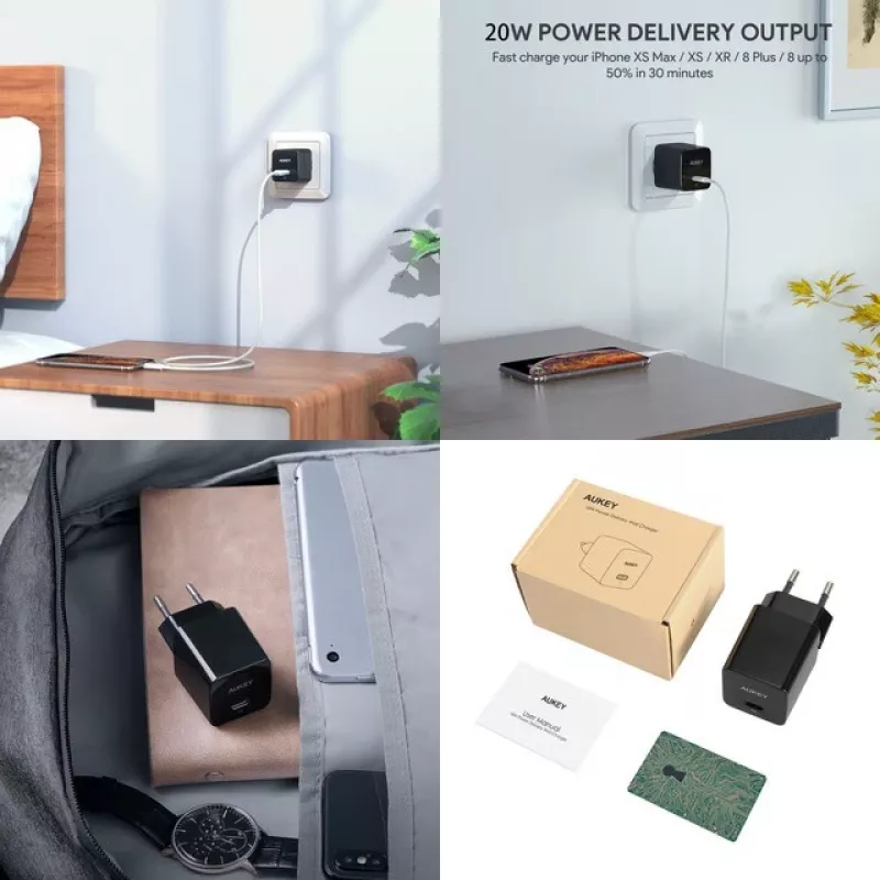 Sienas lādētājs Aukey PA-Y20S 20W USB-C Power Delivery, kompakts viena porta