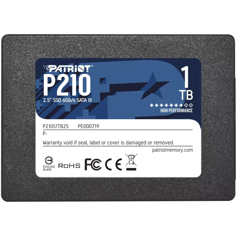 2,5 collu SATA III SSD PATRIOT P210 1 TB — 500 MB/s lasīšana, 400 MB/s rakstīšana, 7 mm augstums