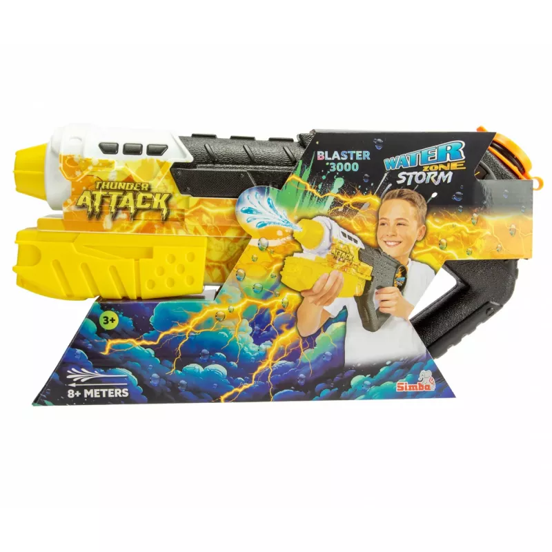Ūdensmetējs Simba‑Dickie Storm Blaster 3000 — rokas ūdens lielgabals, putu rezervuāra dizains
