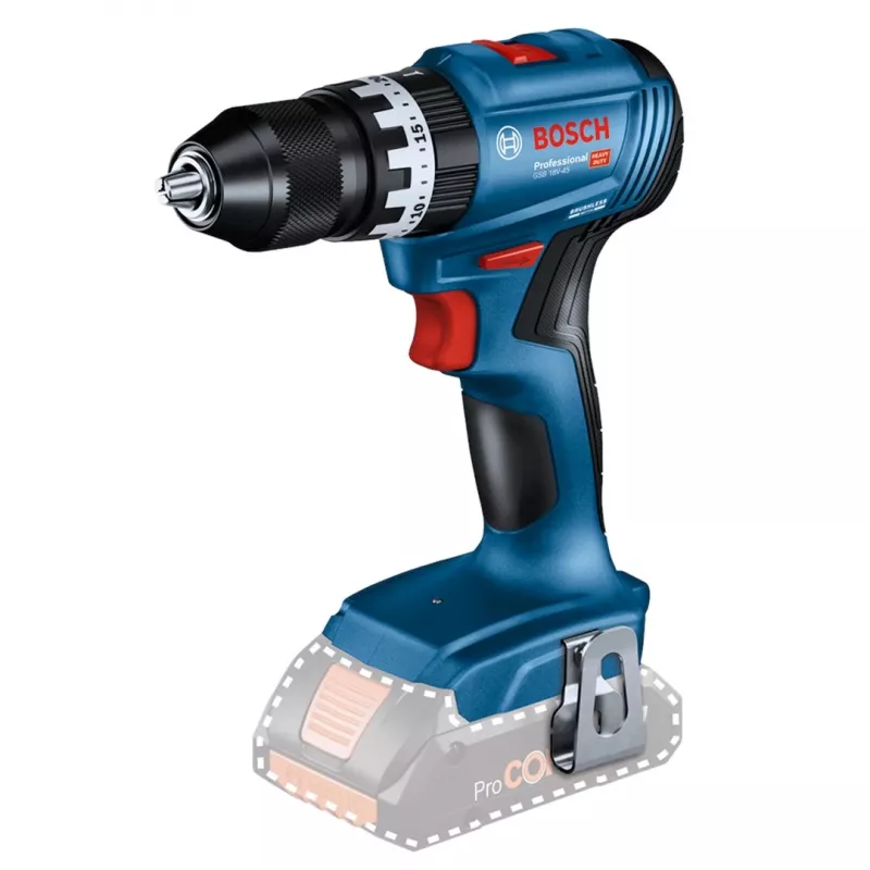 Bezvada urbis-skūvrēnis Bosch GSB 18 V — 18 V, 4 Ah Li-Ion, 45 N·m, 500/1900 RPM, 35 mm kokā, 10 mm tēraudā, 2 baterijas, lādētājs, kaste