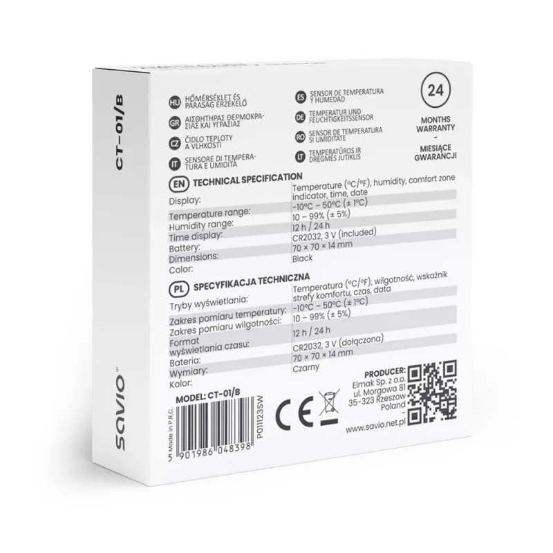 Iekštelpu temperatūras un mitruma sensors SAVIO CT-01/B brīvi stāvošs, LCD, -10–55°C, 10–99% RH, CR2032