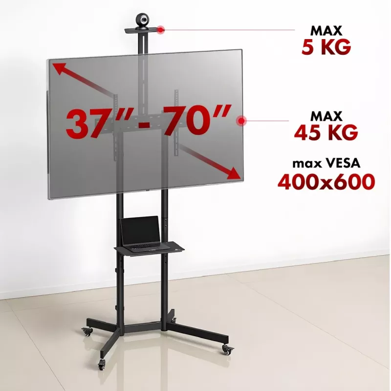 Maclean TV statīvs / ratiņi, kameras plaukts, uz riteņiem, 37-70, maks. slodze 45kg/5kg plaukts, maks. VESA 600x400, MC-113 B