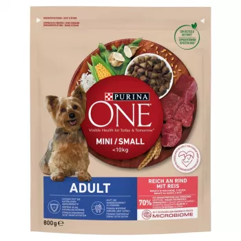 Sausā suņu barība Purina Nestle Mini Adult Beef & Rice 800 g — sausi grauzdiņi maziem pieaugušiem suņiem, 27% olbaltumvielu, 17% tauku