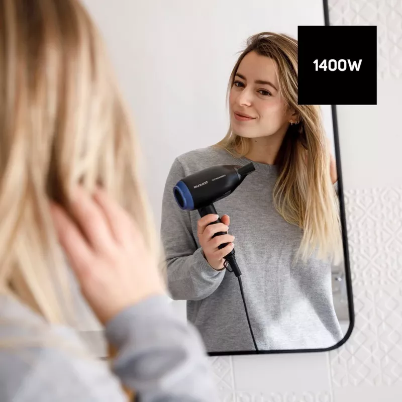 Matu žāvētājs Taurus Studio Glow 1500 — 1400 W, 3 siltuma līmeņi, 2 ātrumi, salokāms, pakarināms, melns