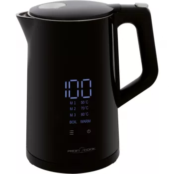 Elektriskā tējkanna ProfiCook PCWKS1243 — 1,7 L, 2200 W, temperatūras kontrole 50–100 °C, melna